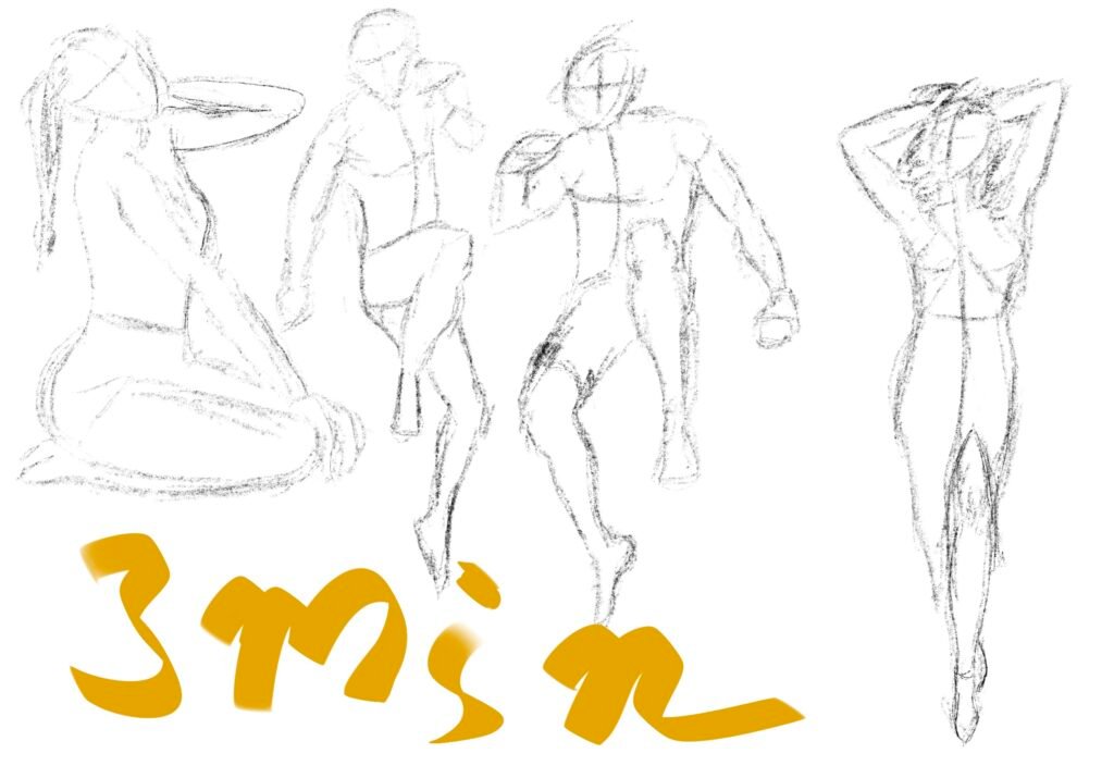sketches of human forms done in 3 minutes